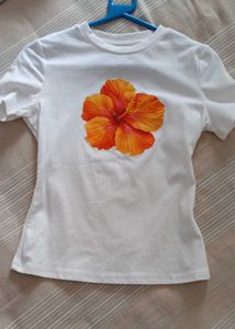 White T-Shirt with Orange Hibiscus Print