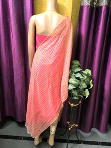 Sheer Coral Pink Striped Dupatta