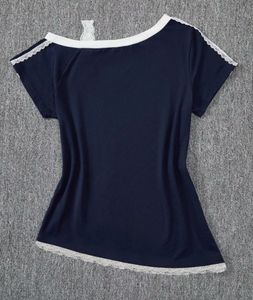 Navy Blue V-Neck Lace Trim Tee (S)