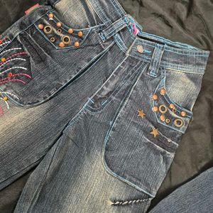 Embellished Flare Jeans bootcut Y2K mid waist