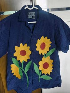 Navy Corduroy Sunflower Cuban Shirt