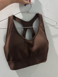 Brown Ribbed Sports Bra
