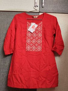 Women's New Red Cotton short Kurti with Tags