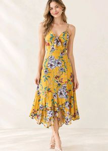 Yellow Floral Midi Dress with Tie-Front
