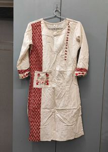Cream and Red Embroidered Kurta
