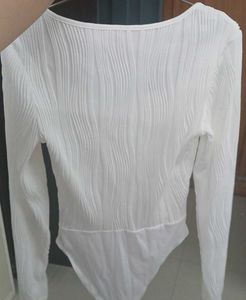 White Ribbed Square Neck Bodysuit