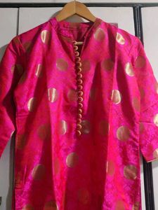 Vibrant Pink Silk Kurta with Gold Polka Dots