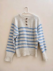 Cream &amp; Blue Striped Knit Sweater