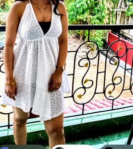 White Halter Neck Lace Dress