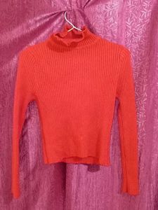 Red Ribbed Turtleneck Sweater