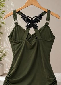Olive Green Ruched Cami with Butterfly Detail