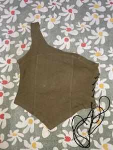 Olive Green One Shoulder Lace-Up Top