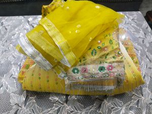 Yellow &amp; White Embroidered Lehenga Set