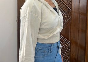 Cream Cropped Zip-Up Hoodie