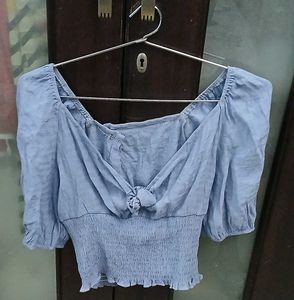 Chic Blue Puff Sleeve Tie Front Top
