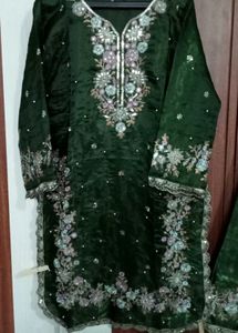 Embroidered mehndi green Kurta with plazo