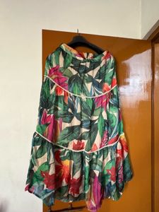 Flowy Tropical Print Midi Skirt