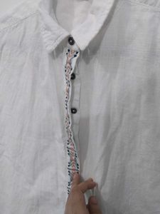 Embroidered White Unisex Button-Up Shirt