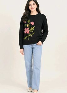 Black Floral Embroidered Sweater size-38