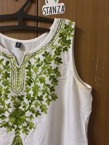 White Kurta with Green Embroidery