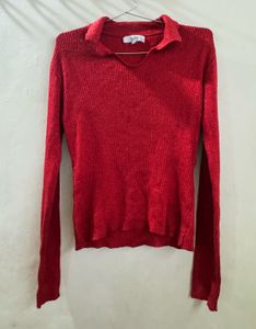 Sparkly Red Collared Long Sleeve Top