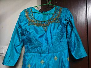 Turquoise - Teal Silk Embellished Gown | Size L |