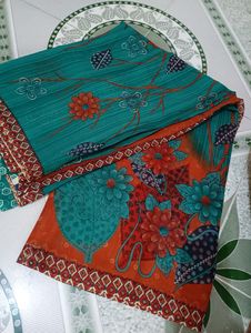 Sea Green Printed Saree With Unstitched Blouse