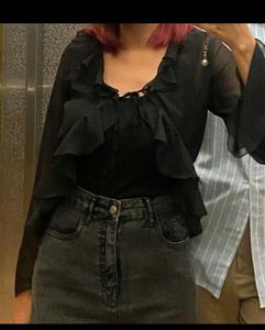 Sheer Black Ruffle Tie-Front Crop Top