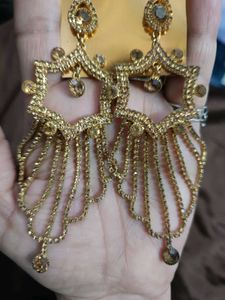 Gold Plated Stone Studded Long Dangler Earrings