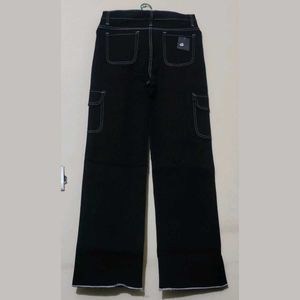 Black Wide Leg Contrast Stitch Pants