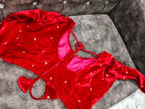 Red Velvet Blouse with Gold Embellishments