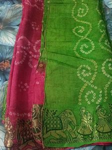 Green Bandhani Saree with Gold Border