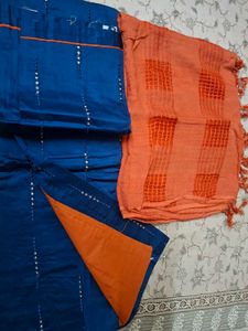 Unstitched Elegant Blue Kurta Set with Orange Dupa