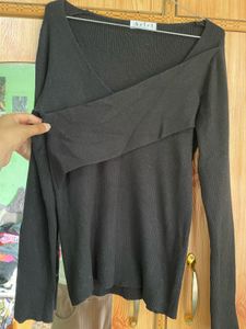 Black Ribbed V-Neck Wrap Top