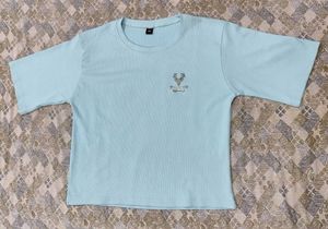 Cute Blue Ribbed T-Shirt with Embroidery