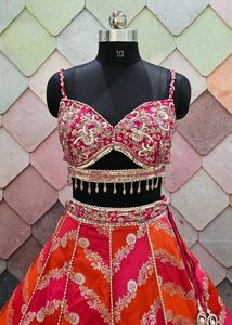 Vibrant Orange &amp; Pink Striped Lehenga Choli Set
