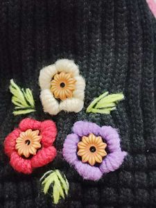 150.Black Beanie with Embroidered Flowers
