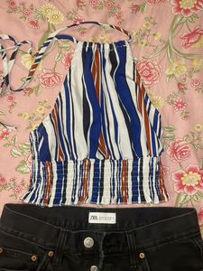 Striped Halter Neck Smocked Crop Top