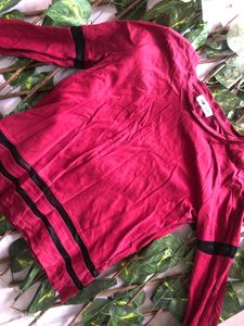 Maroon Crew Neck Top with Striped Sleeves