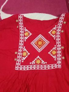 Red Embroidered Short Kurta