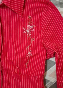 Red Striped Embroidered Button-Up Shirt