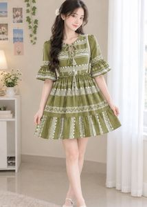 Chic Olive Green Embroidered Dress