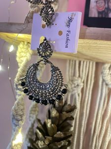 Oxidized Jhumka Earrings with Black Beads