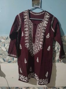 wine color chikankari kurti