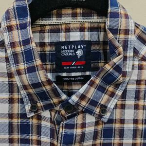 Checked Cotton Shirt | Navy &amp; Beige Plaid