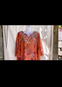 sheer Vibrant Embroidered Orange Kurta