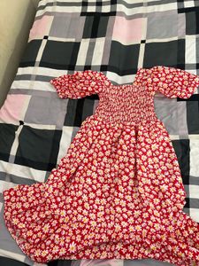 Red Floral Smocked Puff Sleeve Maxi Dress