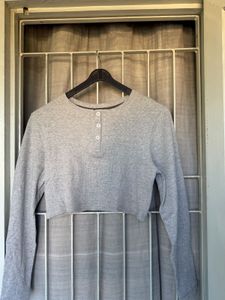 Grey Cropped Henley Top