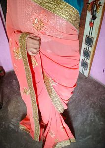 Beautiful Orange Embroidered Saree &amp; ready blouse