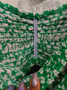 Bershka Green Floral Smocked Crop Top